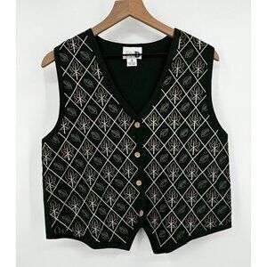 Paul Harris Design Vest Women Medium Green Corduroy Fall Leaves 1990's Vintage
